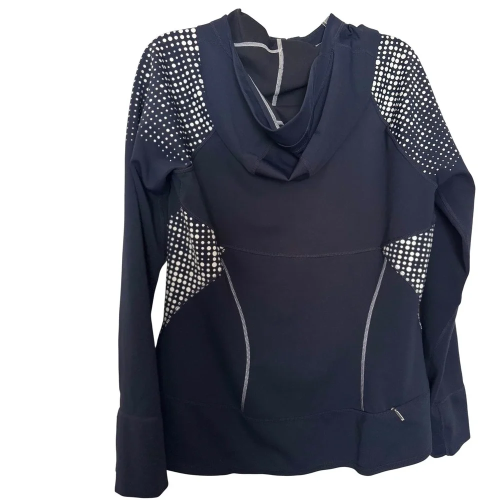 Athleta Running Wild 1/2 Zip Hooded Pullover Navy Polka Dot Athletic Women's L - Picture 2 of 8